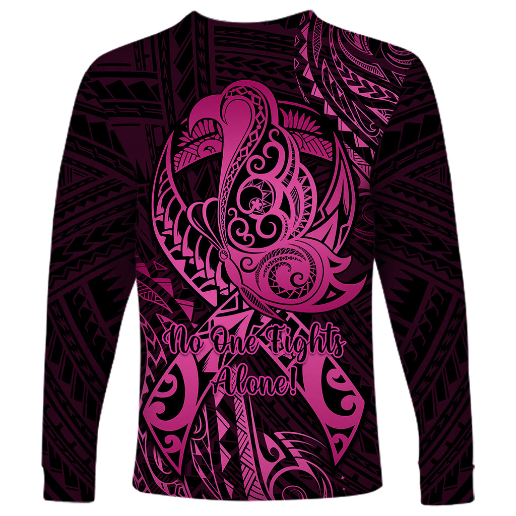 Polynesia Breast Cancer Awareness Long Sleeve Shirt No One Fights Alone Pink Ribbon With Butterfly LT14 - Polynesian Pride