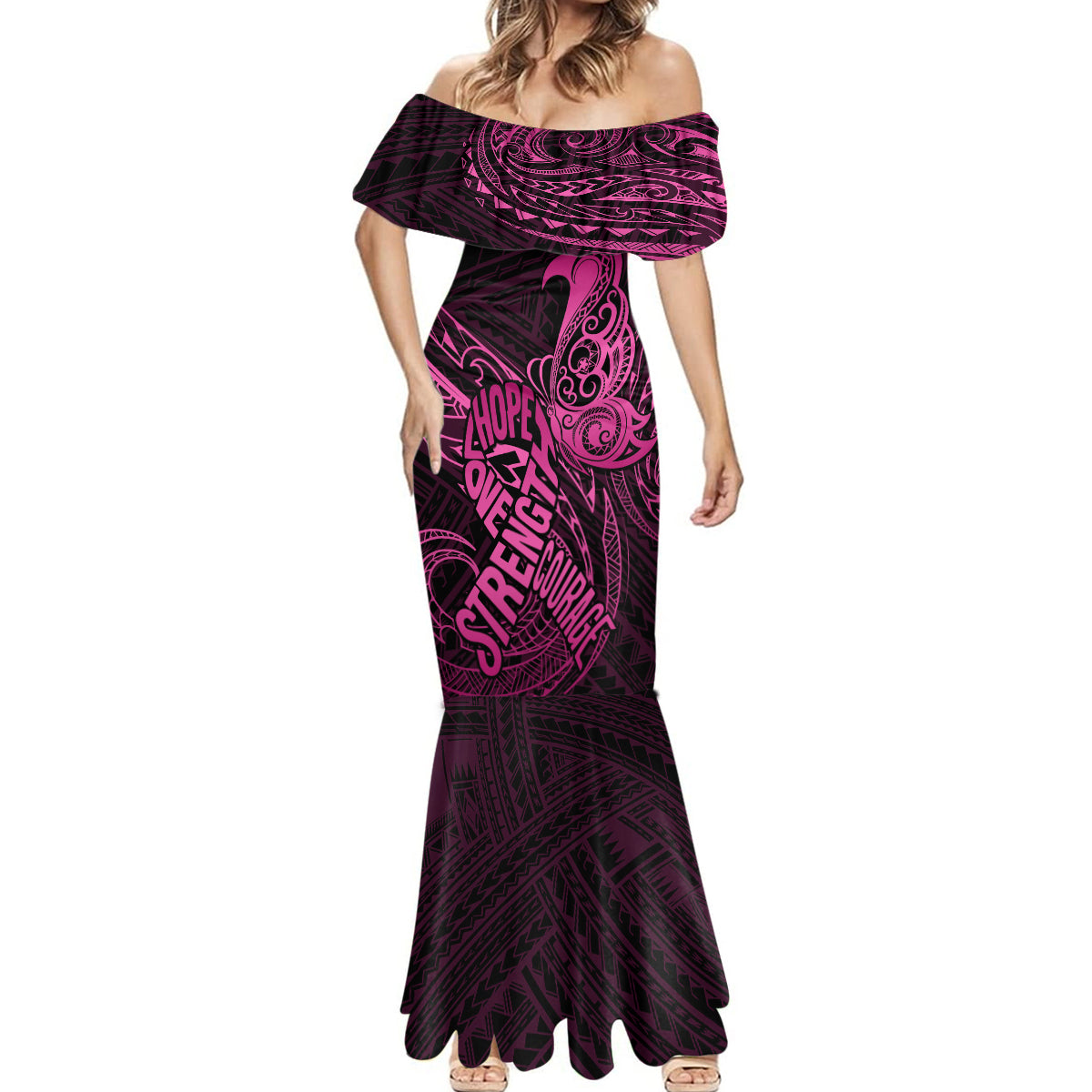 Polynesia Breast Cancer Awareness Mermaid Dress No One Fights Alone Pink Ribbon With Butterfly LT14 - Polynesian Pride