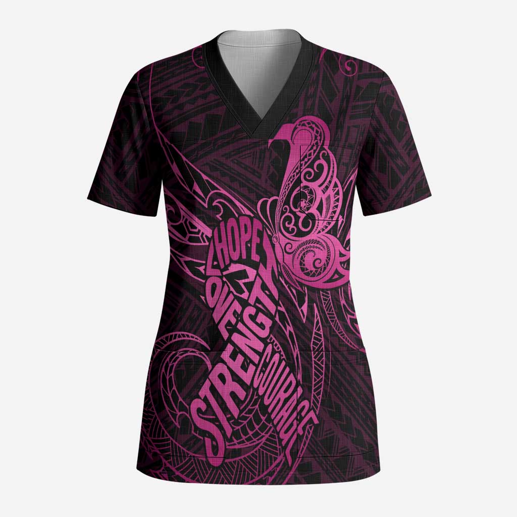 Polynesia Breast Cancer Awareness Scrub Top No One Fights Alone Pink Ribbon With Butterfly - Polynesian Pride