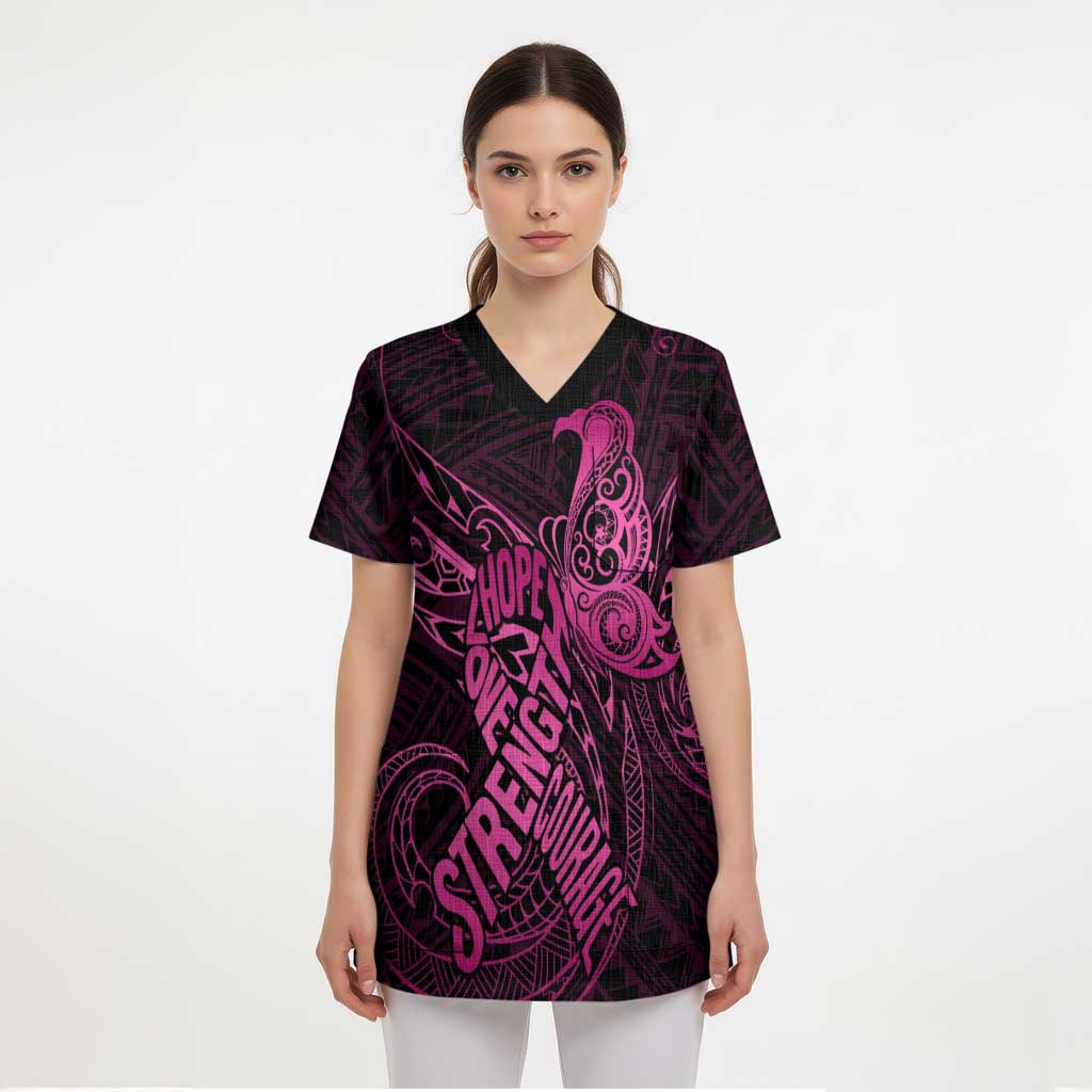 Polynesia Breast Cancer Awareness Scrub Top No One Fights Alone Pink Ribbon With Butterfly - Polynesian Pride