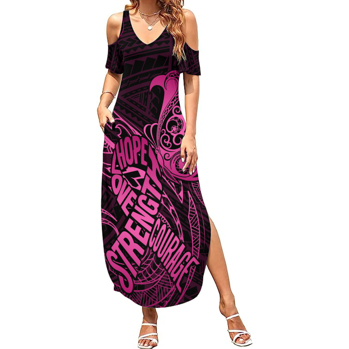 Polynesia Breast Cancer Awareness Summer Maxi Dress No One Fights Alone Pink Ribbon With Butterfly LT14 Women Pink - Polynesian Pride