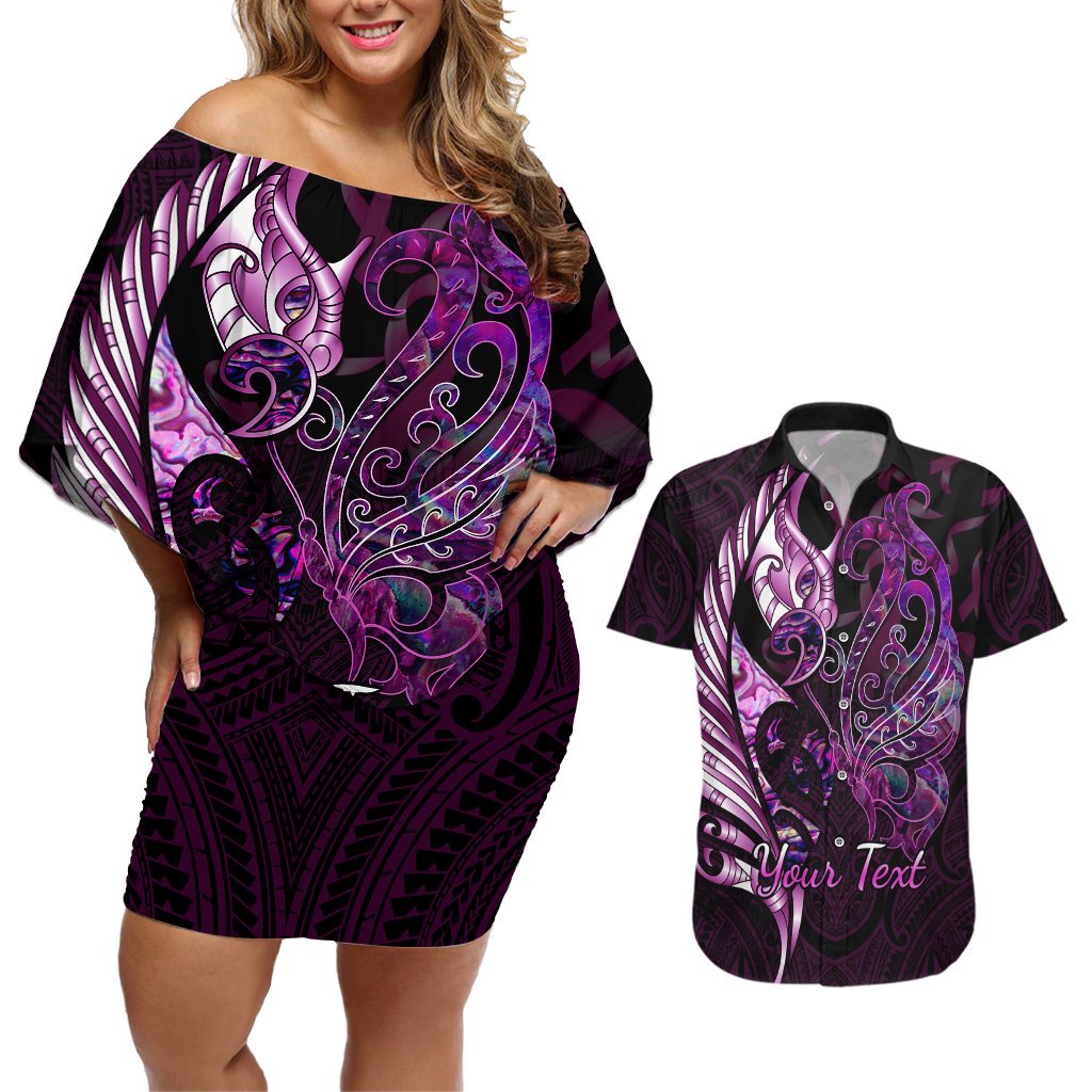 Personalised New Zealand Breast Cancer Couples Matching Off Shoulder Short Dress and Hawaiian Shirt Fight Like A Girl Pink Manaia Fern With Paua Shell LT14 Pink - Polynesian Pride
