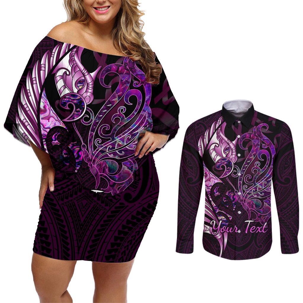 Personalised New Zealand Breast Cancer Couples Matching Off Shoulder Short Dress and Long Sleeve Button Shirts Fight Like A Girl Pink Manaia Fern With Paua Shell LT14 Pink - Polynesian Pride