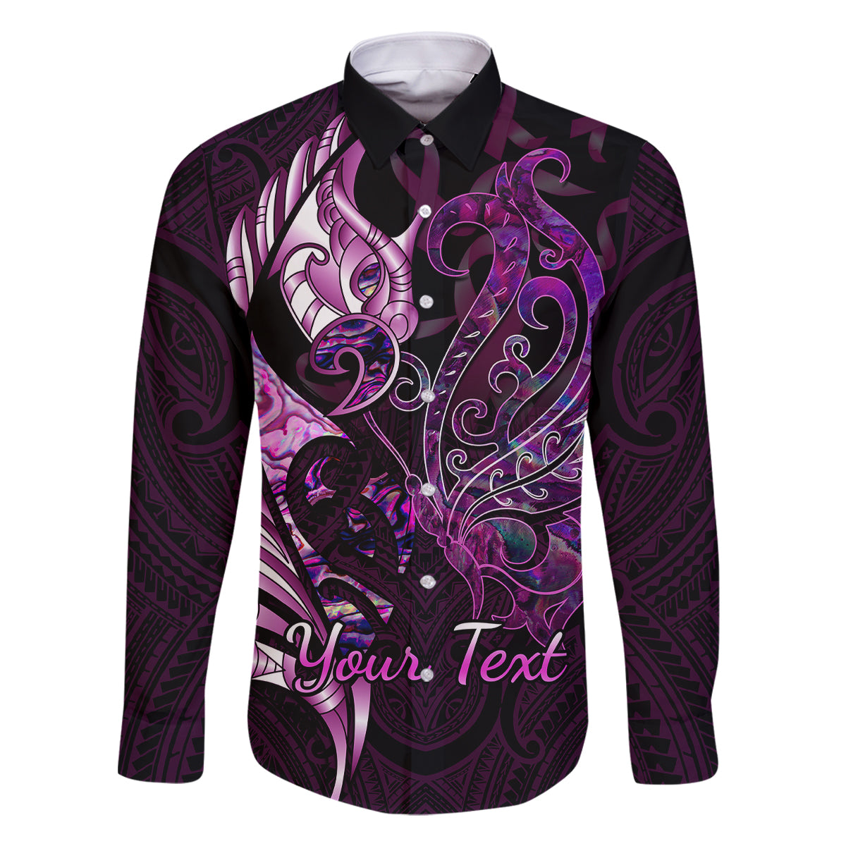 Personalised New Zealand Breast Cancer Family Matching Long Sleeve Bodycon Dress and Hawaiian Shirt Fight Like A Girl Pink Manaia Fern With Paua Shell LT14 Dad's Shirt - Long Sleeve Pink - Polynesian Pride