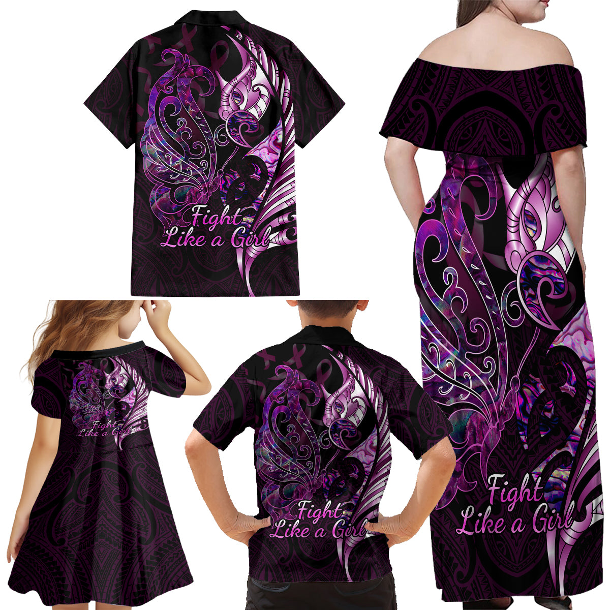 Personalised New Zealand Breast Cancer Family Matching Off Shoulder Long Sleeve Dress and Hawaiian Shirt Fight Like A Girl Pink Manaia Fern With Paua Shell LT14 - Polynesian Pride