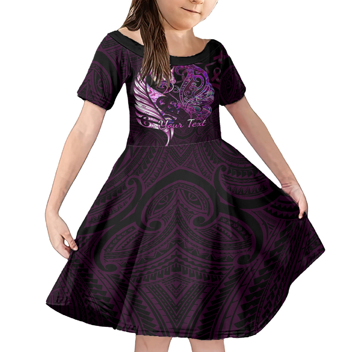Personalised New Zealand Breast Cancer Family Matching Puletasi Dress and Hawaiian Shirt Fight Like A Girl Pink Manaia Fern With Paua Shell LT14 Daughter's Dress Pink - Polynesian Pride