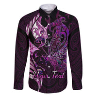 Personalised New Zealand Breast Cancer Family Matching Puletasi Dress and Hawaiian Shirt Fight Like A Girl Pink Manaia Fern With Paua Shell LT14 Dad's Shirt - Long Sleeve Pink - Polynesian Pride