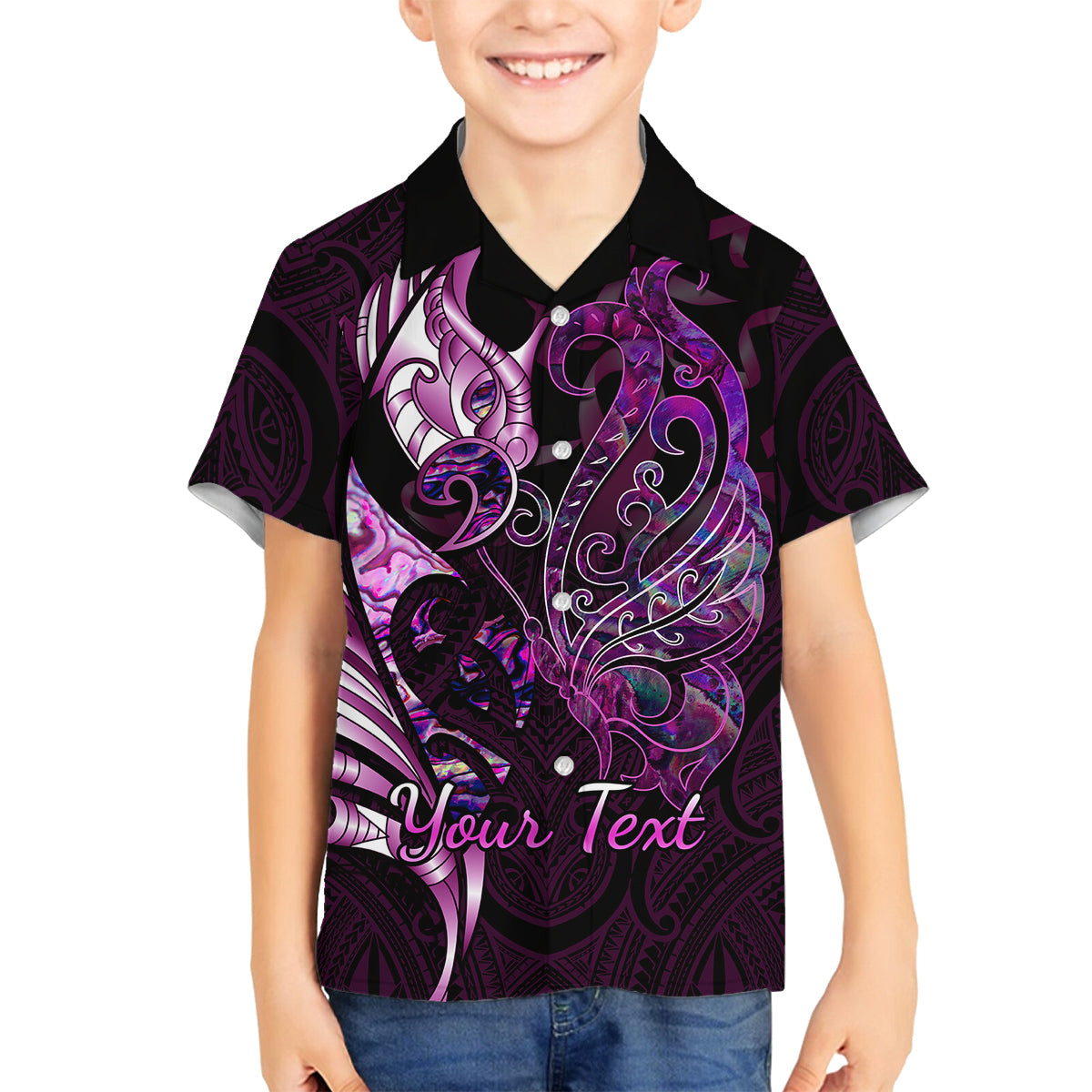 Personalised New Zealand Breast Cancer Family Matching Puletasi Dress and Hawaiian Shirt Fight Like A Girl Pink Manaia Fern With Paua Shell LT14 Son's Shirt Pink - Polynesian Pride