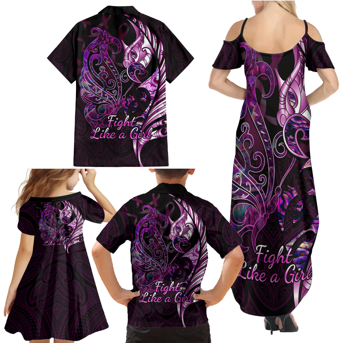 Personalised New Zealand Breast Cancer Family Matching Summer Maxi Dress and Hawaiian Shirt Fight Like A Girl Pink Manaia Fern With Paua Shell LT14 - Polynesian Pride