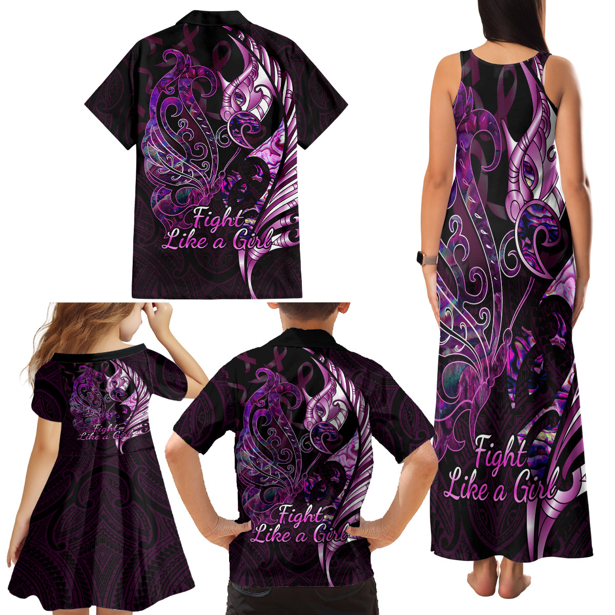 Personalised New Zealand Breast Cancer Family Matching Tank Maxi Dress and Hawaiian Shirt Fight Like A Girl Pink Manaia Fern With Paua Shell LT14 - Polynesian Pride