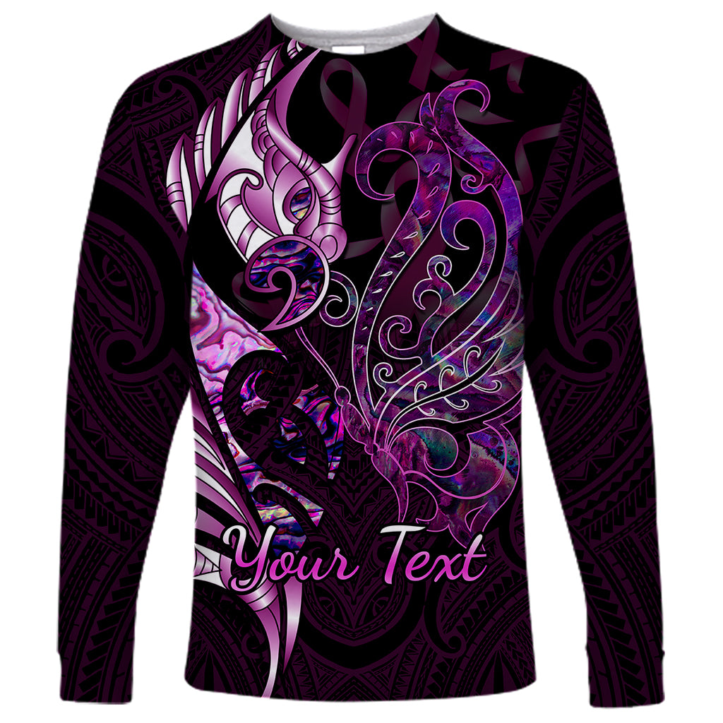 Personalised New Zealand Breast Cancer Long Sleeve Shirt Fight Like A Girl Pink Manaia Fern With Paua Shell LT14 Unisex Pink - Polynesian Pride