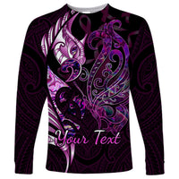 Personalised New Zealand Breast Cancer Long Sleeve Shirt Fight Like A Girl Pink Manaia Fern With Paua Shell LT14 Unisex Pink - Polynesian Pride