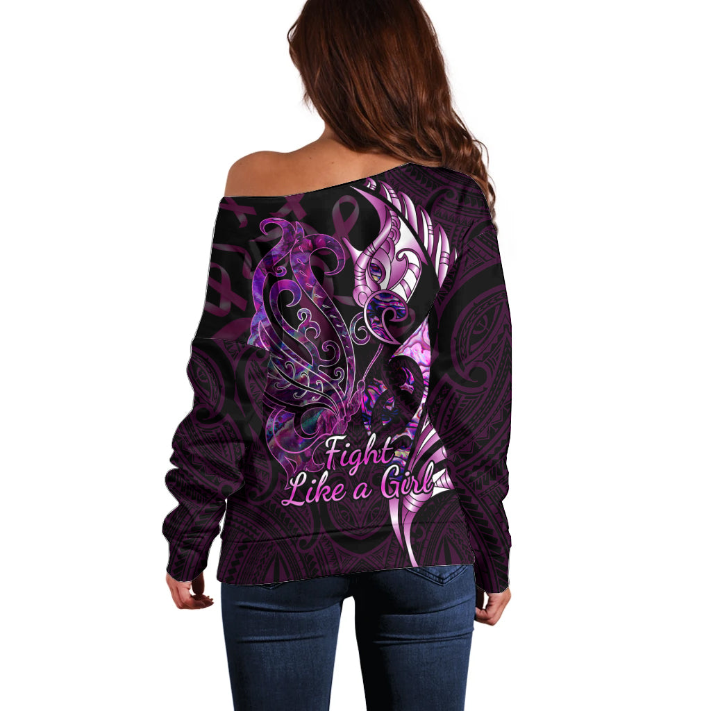 Personalised New Zealand Breast Cancer Off Shoulder Sweater Fight Like A Girl Pink Manaia Fern With Paua Shell LT14 - Polynesian Pride