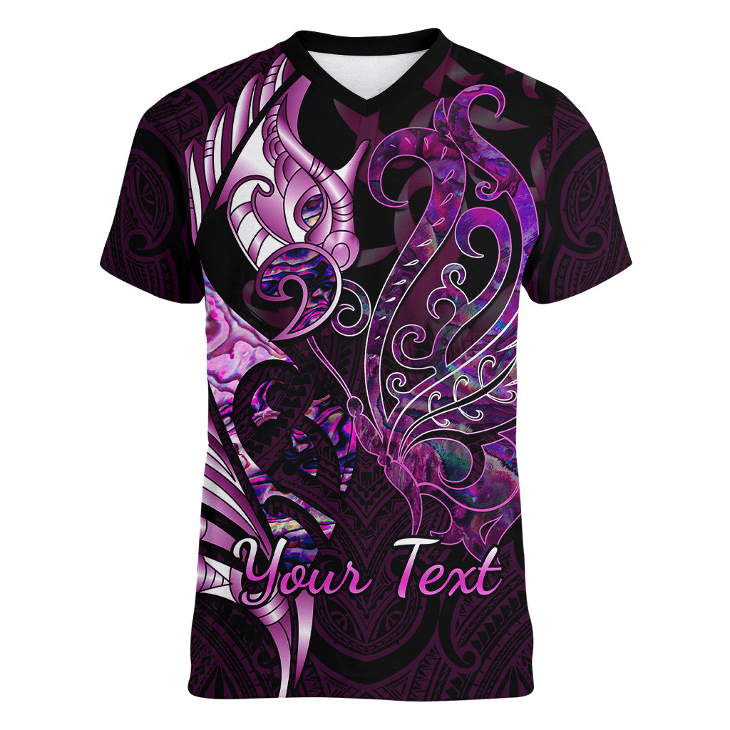 Personalised New Zealand Breast Cancer Women V Neck T Shirt Fight Like A Girl Pink Manaia Fern With Paua Shell LT14 Female Pink - Polynesian Pride