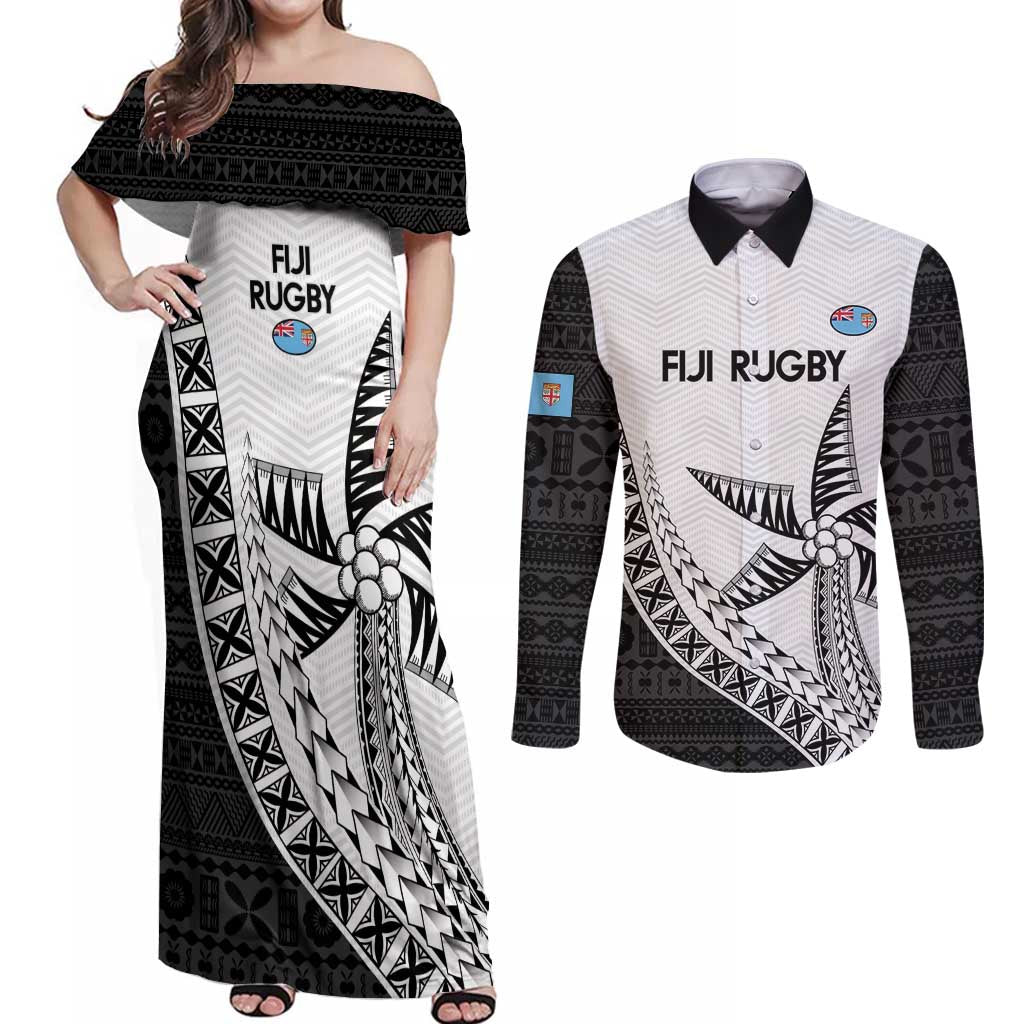 Custom Fiji Rugby Couples Matching Off Shoulder Maxi Dress and Long Sleeve Button Shirt Go Champions Fijian Tapa Cloth LT14 White - Polynesian Pride