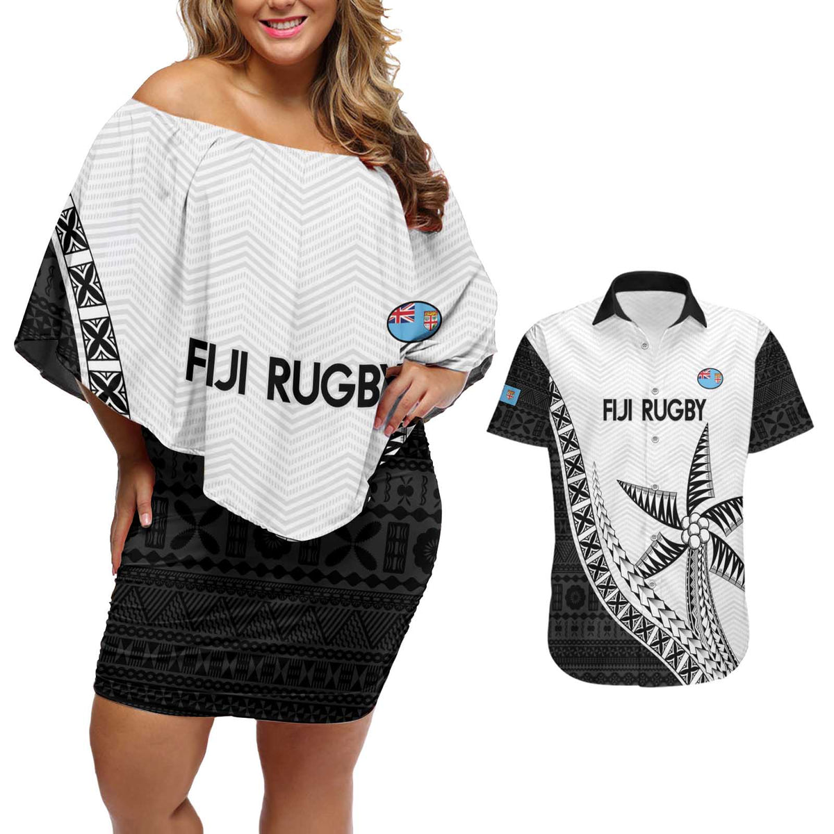Custom Fiji Rugby Couples Matching Off Shoulder Short Dress and Hawaiian Shirt Go Champions Fijian Tapa Cloth LT14 White - Polynesian Pride