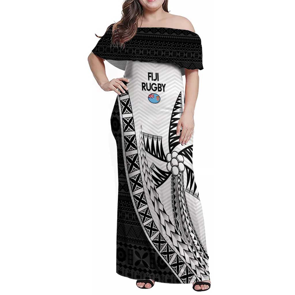 Custom Fiji Rugby Family Matching Off Shoulder Maxi Dress and Hawaiian Shirt Go Champions Fijian Tapa Cloth LT14 Mom's Dress White - Polynesian Pride