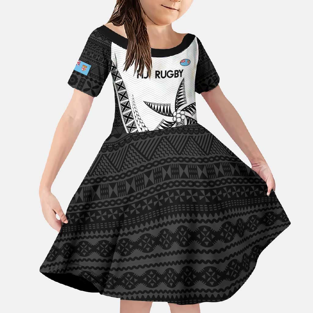 Custom Fiji Rugby Family Matching Short Sleeve Bodycon Dress and Hawaiian Shirt Go Champions Fijian Tapa Cloth LT14 Daughter's Dress White - Polynesian Pride