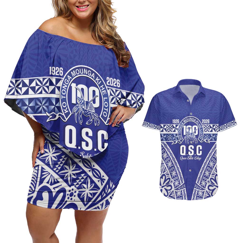 Personalised Queen Salote College Couples Matching Off Shoulder Short Dress and Hawaiian Shirt Kolisi Fefine 100th Anniversary Kupesi Blue - Polynesian Pride