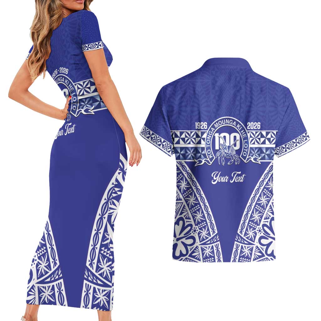 Personalised Queen Salote College Couples Matching Short Sleeve Bodycon Dress and Hawaiian Shirt Kolisi Fefine 100th Anniversary Kupesi Blue - Polynesian Pride