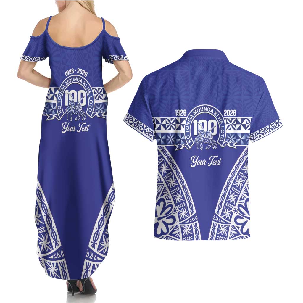 Personalised Queen Salote College Couples Matching Summer Maxi Dress and Hawaiian Shirt Kolisi Fefine 100th Anniversary Kupesi Blue - Polynesian Pride