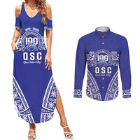Personalised Queen Salote College Couples Matching Summer Maxi Dress and Long Sleeve Button Shirt Kolisi Fefine 100th Anniversary Kupesi Blue - Polynesian Pride