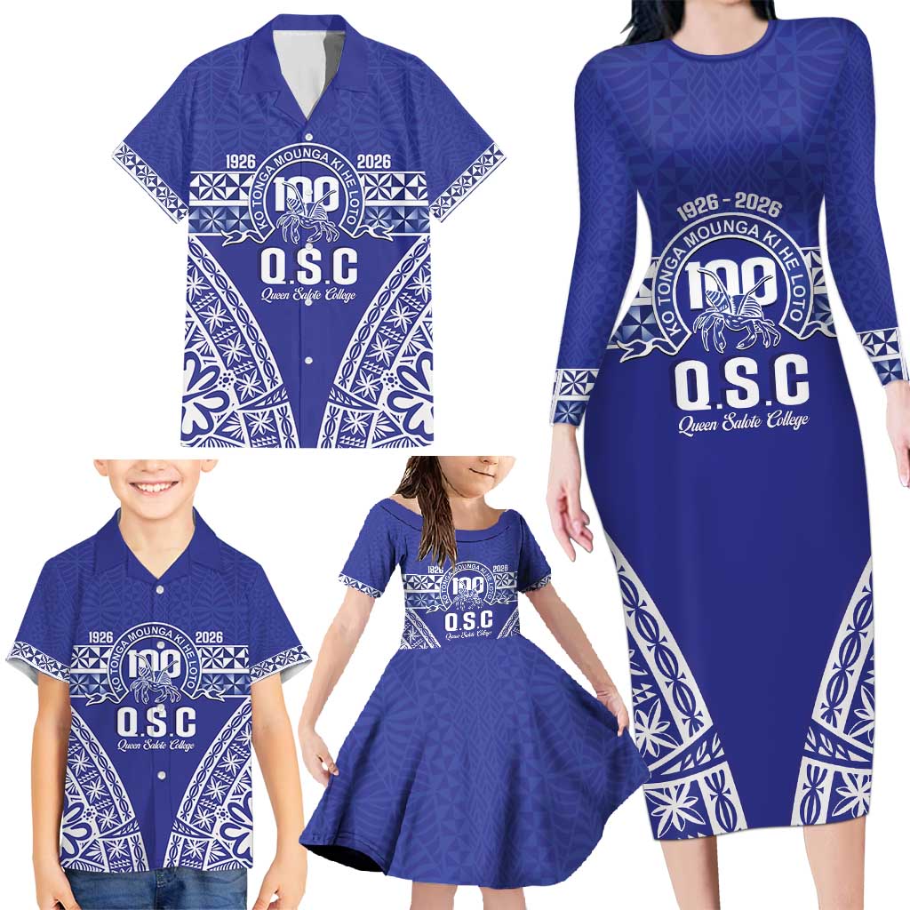 Personalised Queen Salote College Family Matching Long Sleeve Bodycon Dress and Hawaiian Shirt Kolisi Fefine 100th Anniversary Kupesi Blue - Polynesian Pride