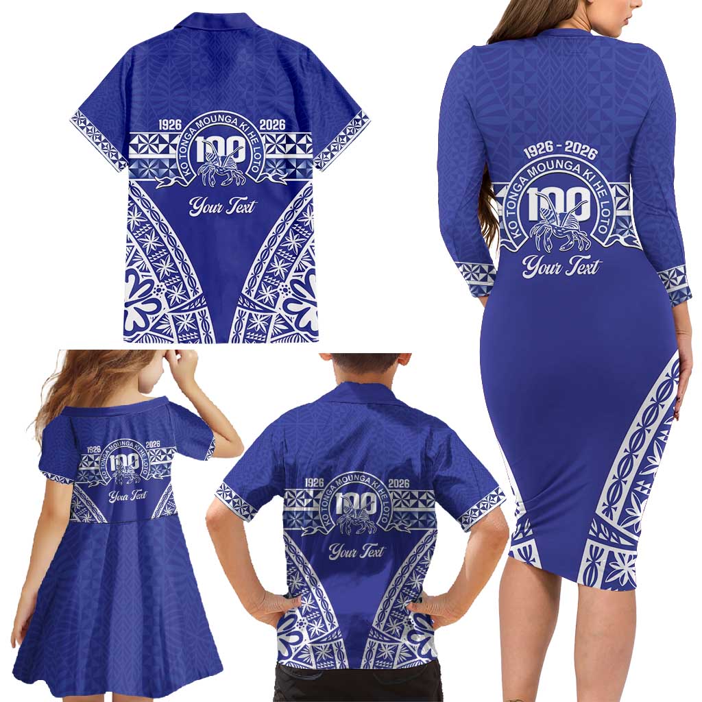 Personalised Queen Salote College Family Matching Long Sleeve Bodycon Dress and Hawaiian Shirt Kolisi Fefine 100th Anniversary Kupesi Blue - Polynesian Pride