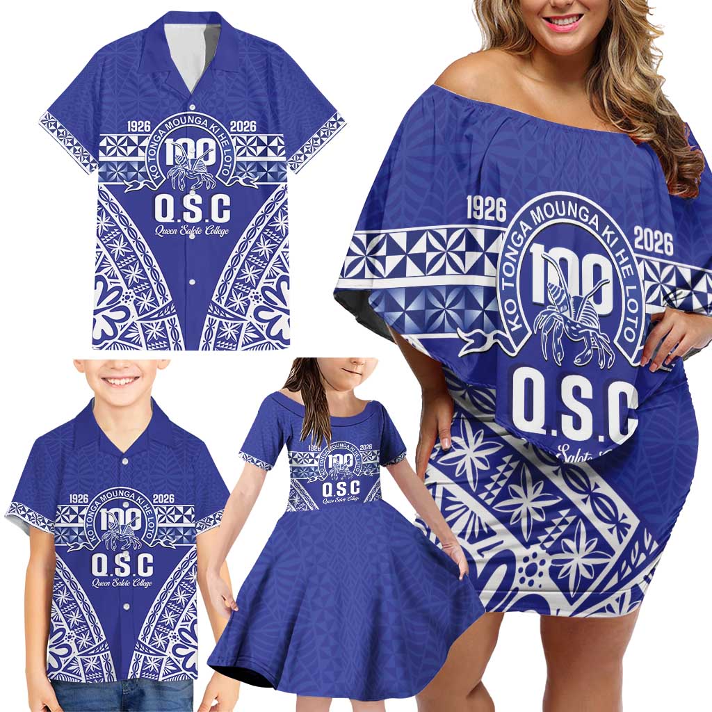 Personalised Queen Salote College Family Matching Off Shoulder Short Dress and Hawaiian Shirt Kolisi Fefine 100th Anniversary Kupesi Blue - Polynesian Pride