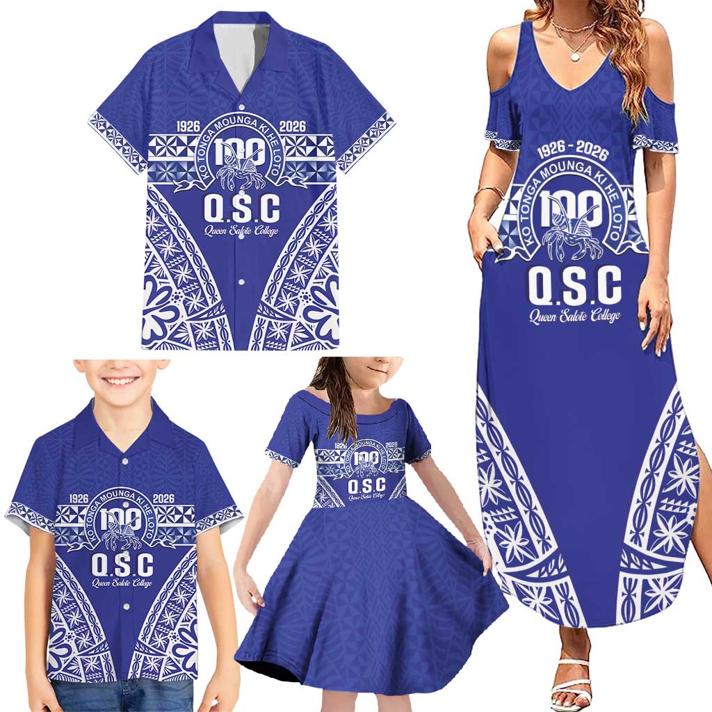 Personalised Queen Salote College Family Matching Summer Maxi Dress and Hawaiian Shirt Kolisi Fefine 100th Anniversary Kupesi Blue - Polynesian Pride