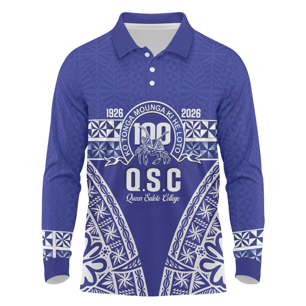 Personalised Queen Salote College Long Sleeve Polo Shirt Kolisi Fefine 100th Anniversary Kupesi Blue - Polynesian Pride