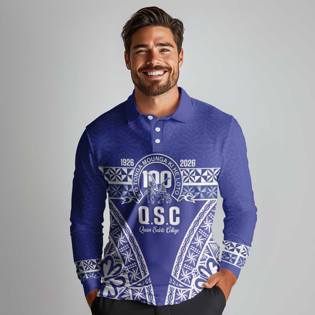 Personalised Queen Salote College Long Sleeve Polo Shirt Kolisi Fefine 100th Anniversary Kupesi Blue - Polynesian Pride