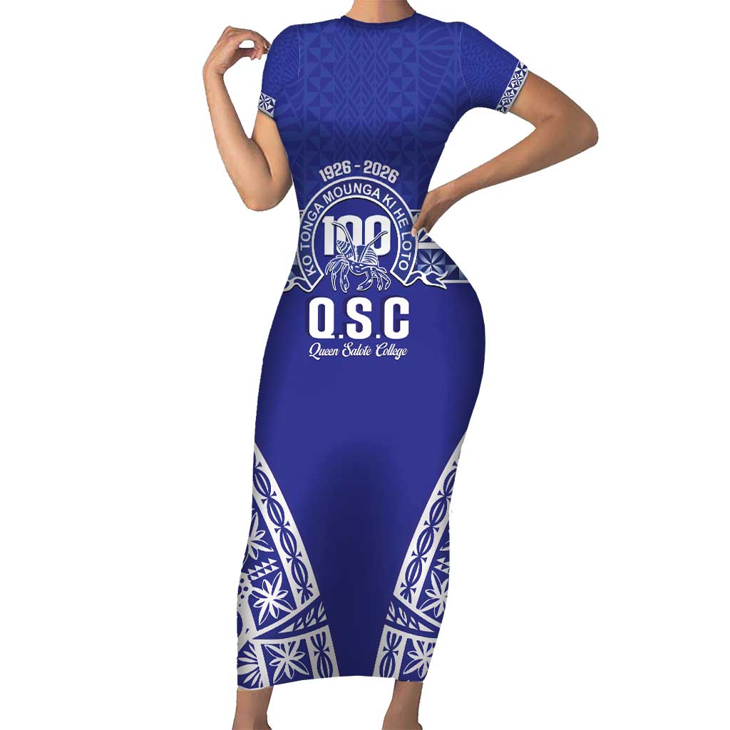 Personalised Queen Salote College Short Sleeve Bodycon Dress Kolisi Fefine 100th Anniversary Kupesi Blue - Polynesian Pride