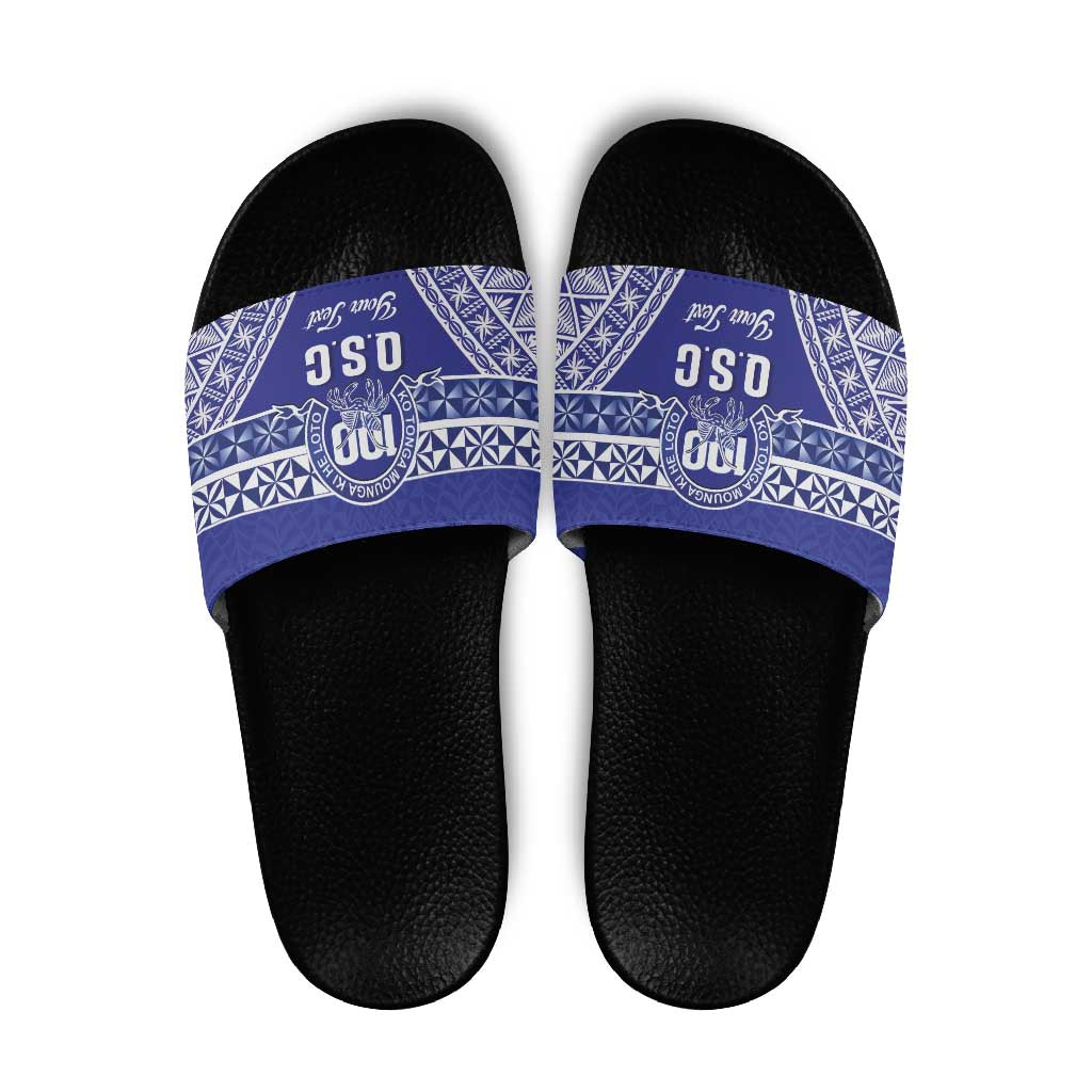 Personalised Queen Salote College Slide Sandals Kolisi Fefine 100th Anniversary Kupesi Blue - Polynesian Pride