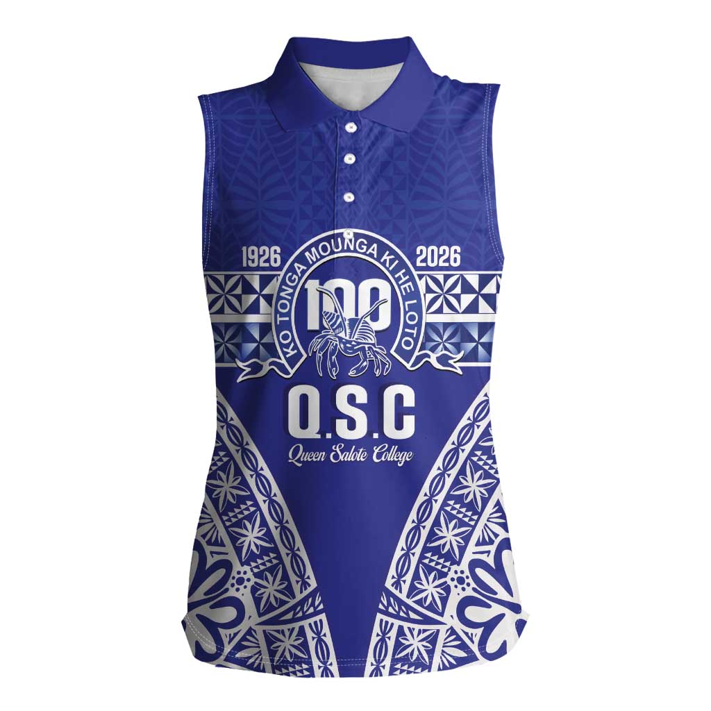 Personalised Queen Salote College Women Sleeveless Polo Shirt Kolisi Fefine 100th Anniversary Kupesi Blue - Polynesian Pride