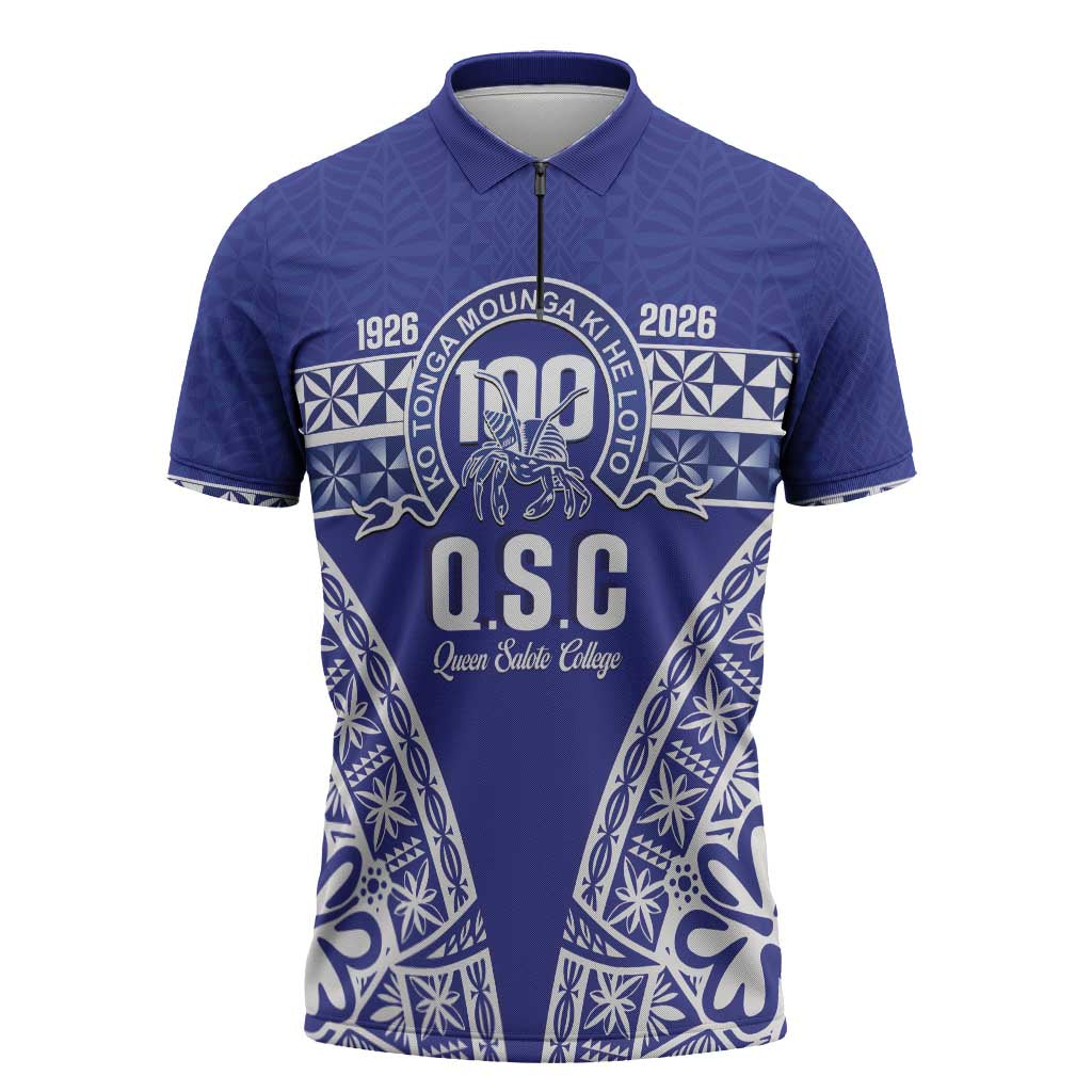 Personalised Queen Salote College Zipper Polo Shirt Kolisi Fefine 100th Anniversary Kupesi Blue - Polynesian Pride