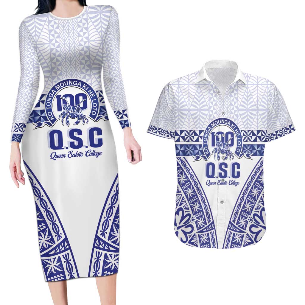 Personalised Queen Salote College Couples Matching Long Sleeve Bodycon Dress and Hawaiian Shirt Kolisi Fefine 100th Anniversary Kupesi White - Polynesian Pride
