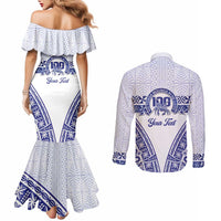 Personalised Queen Salote College Couples Matching Mermaid Dress and Long Sleeve Button Shirt Kolisi Fefine 100th Anniversary Kupesi White - Polynesian Pride