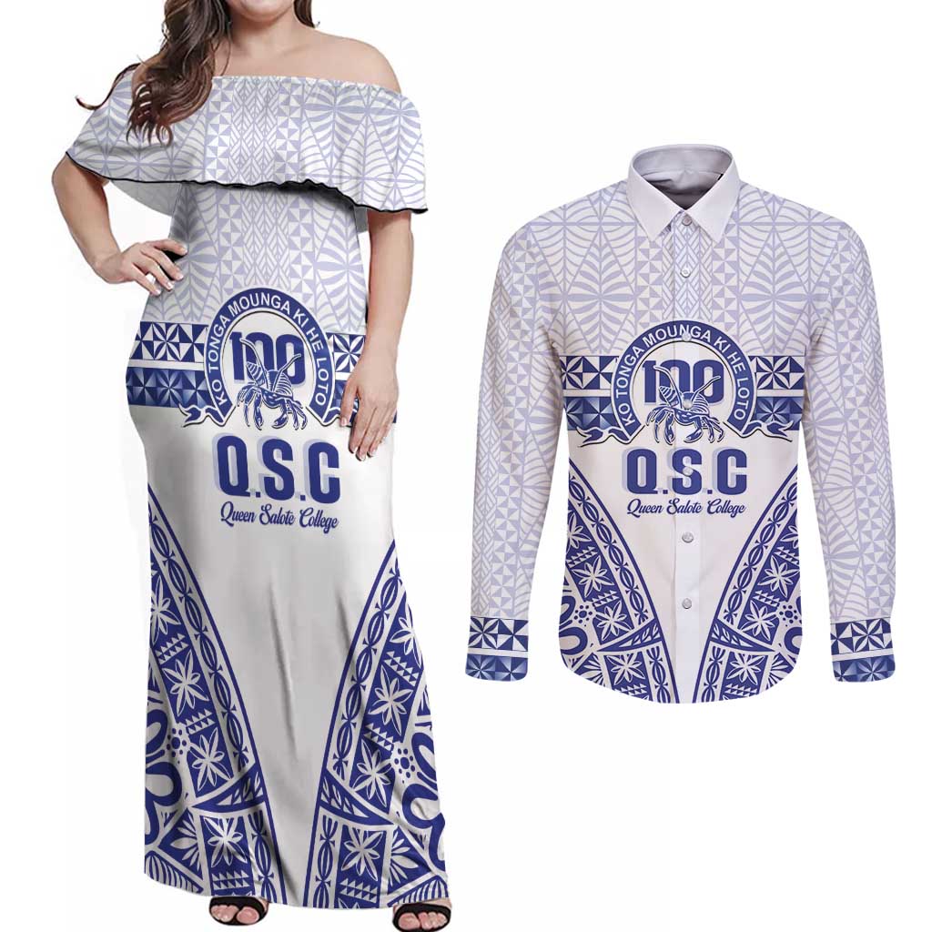 Personalised Queen Salote College Couples Matching Off Shoulder Maxi Dress and Long Sleeve Button Shirt Kolisi Fefine 100th Anniversary Kupesi White - Polynesian Pride