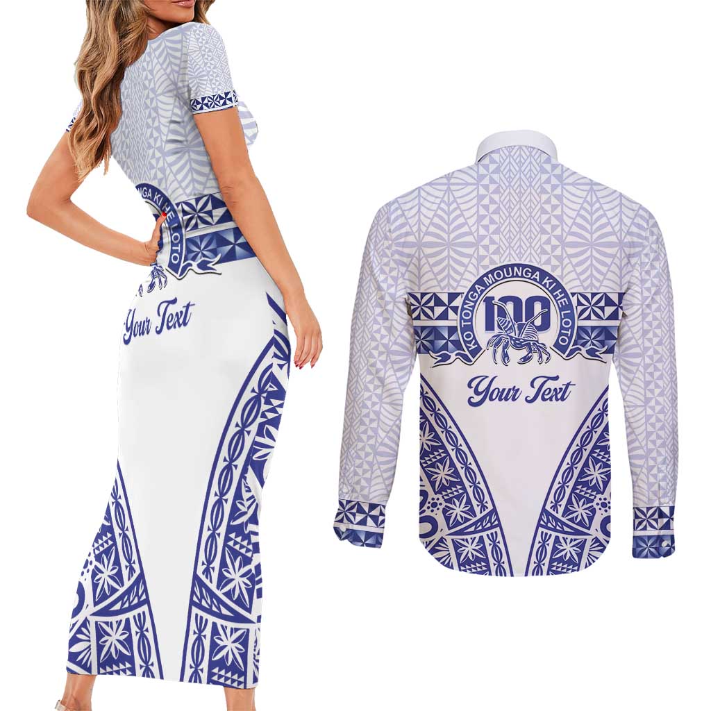 Personalised Queen Salote College Couples Matching Short Sleeve Bodycon Dress and Long Sleeve Button Shirt Kolisi Fefine 100th Anniversary Kupesi White - Polynesian Pride