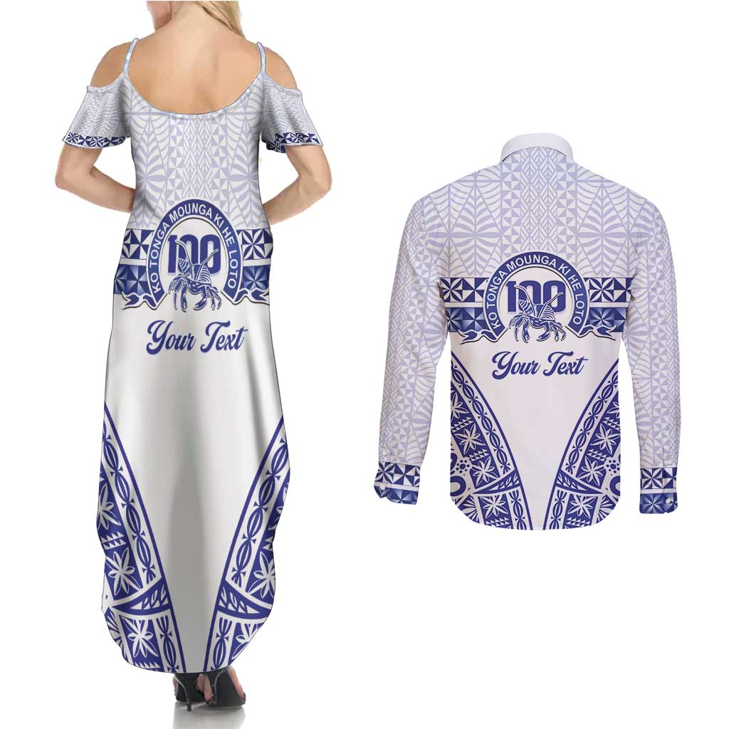 Personalised Queen Salote College Couples Matching Summer Maxi Dress and Long Sleeve Button Shirt Kolisi Fefine 100th Anniversary Kupesi White - Polynesian Pride