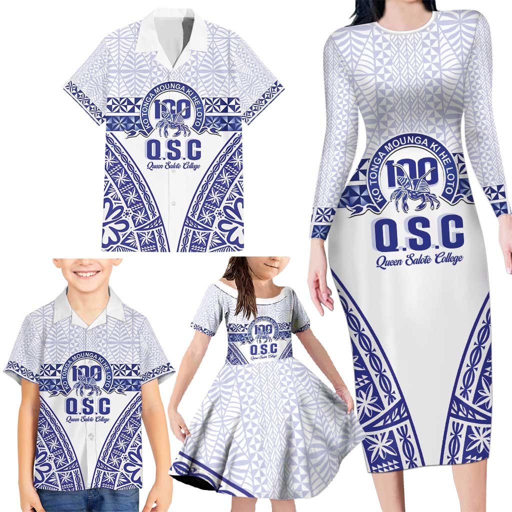 Personalised Queen Salote College Family Matching Long Sleeve Bodycon Dress and Hawaiian Shirt Kolisi Fefine 100th Anniversary Kupesi White - Polynesian Pride