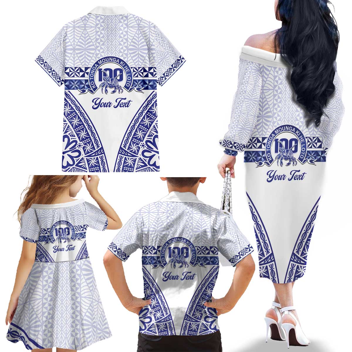 Personalised Queen Salote College Family Matching Off The Shoulder Long Sleeve Dress and Hawaiian Shirt Kolisi Fefine 100th Anniversary Kupesi White - Polynesian Pride