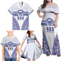 Personalised Queen Salote College Family Matching Off Shoulder Maxi Dress and Hawaiian Shirt Kolisi Fefine 100th Anniversary Kupesi White - Polynesian Pride