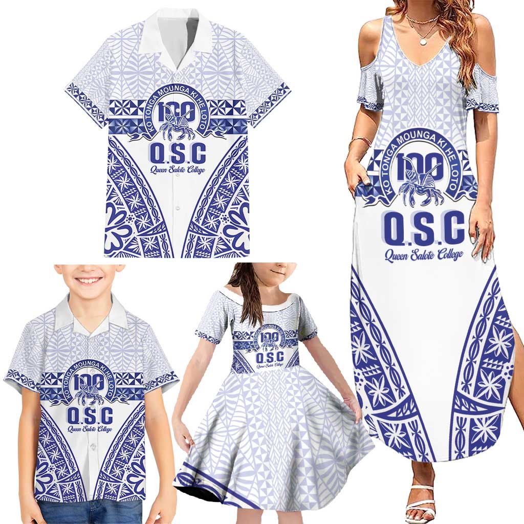 Personalised Queen Salote College Family Matching Summer Maxi Dress and Hawaiian Shirt Kolisi Fefine 100th Anniversary Kupesi White - Polynesian Pride