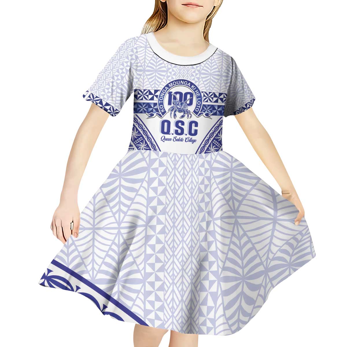 Personalised Queen Salote College Kid Short Sleeve Dress Kolisi Fefine 100th Anniversary Kupesi White - Polynesian Pride