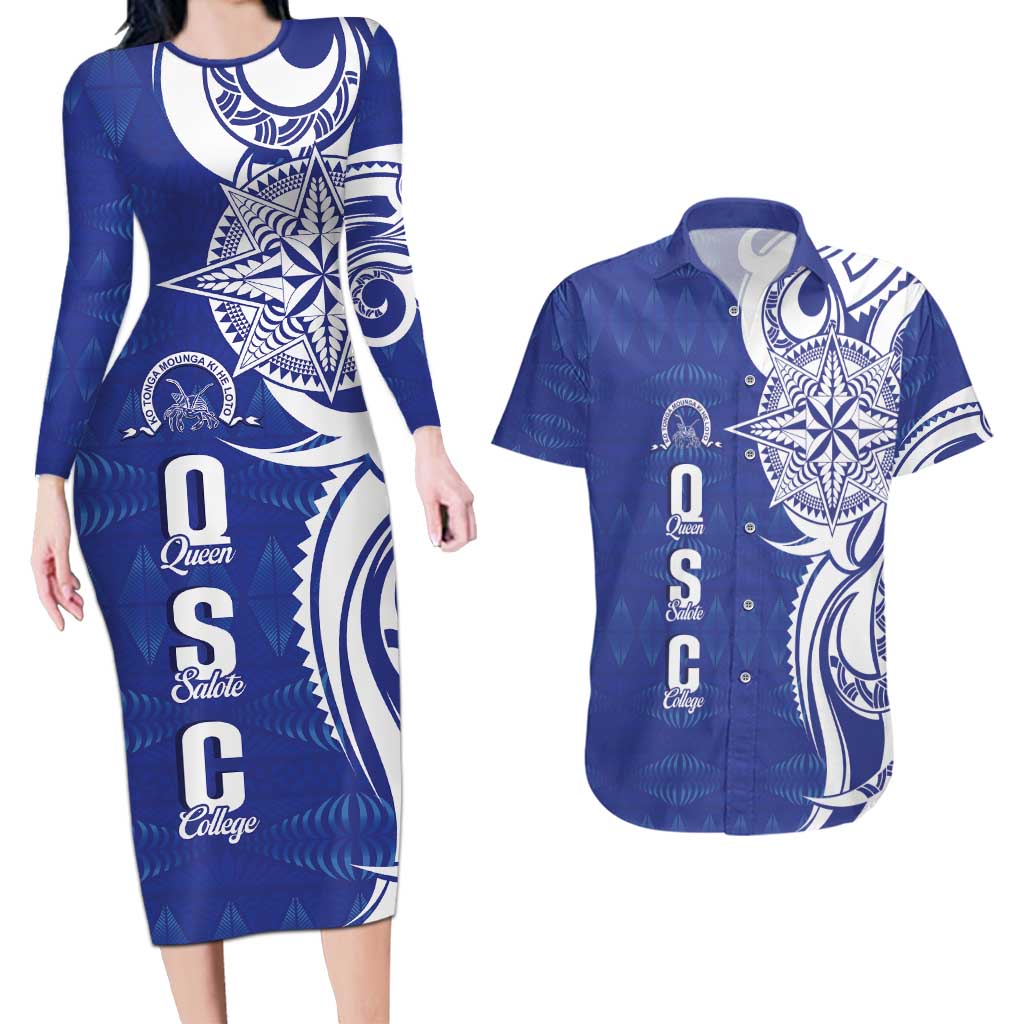 Personalised Queen Salote College Couples Matching Long Sleeve Bodycon Dress and Hawaiian Shirt QSC Est 1926 Ngatu Pattern - Polynesian Pride