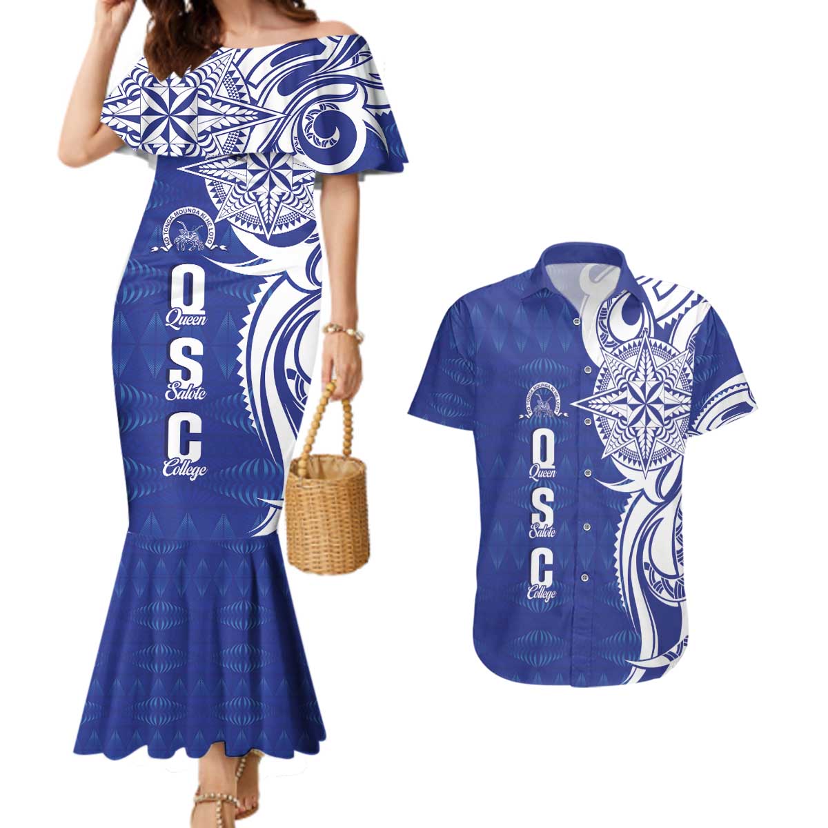 Personalised Queen Salote College Couples Matching Mermaid Dress and Hawaiian Shirt QSC Est 1926 Ngatu Pattern - Polynesian Pride