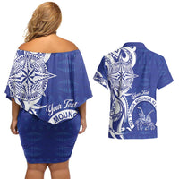Personalised Queen Salote College Couples Matching Off Shoulder Short Dress and Hawaiian Shirt QSC Est 1926 Ngatu Pattern - Polynesian Pride