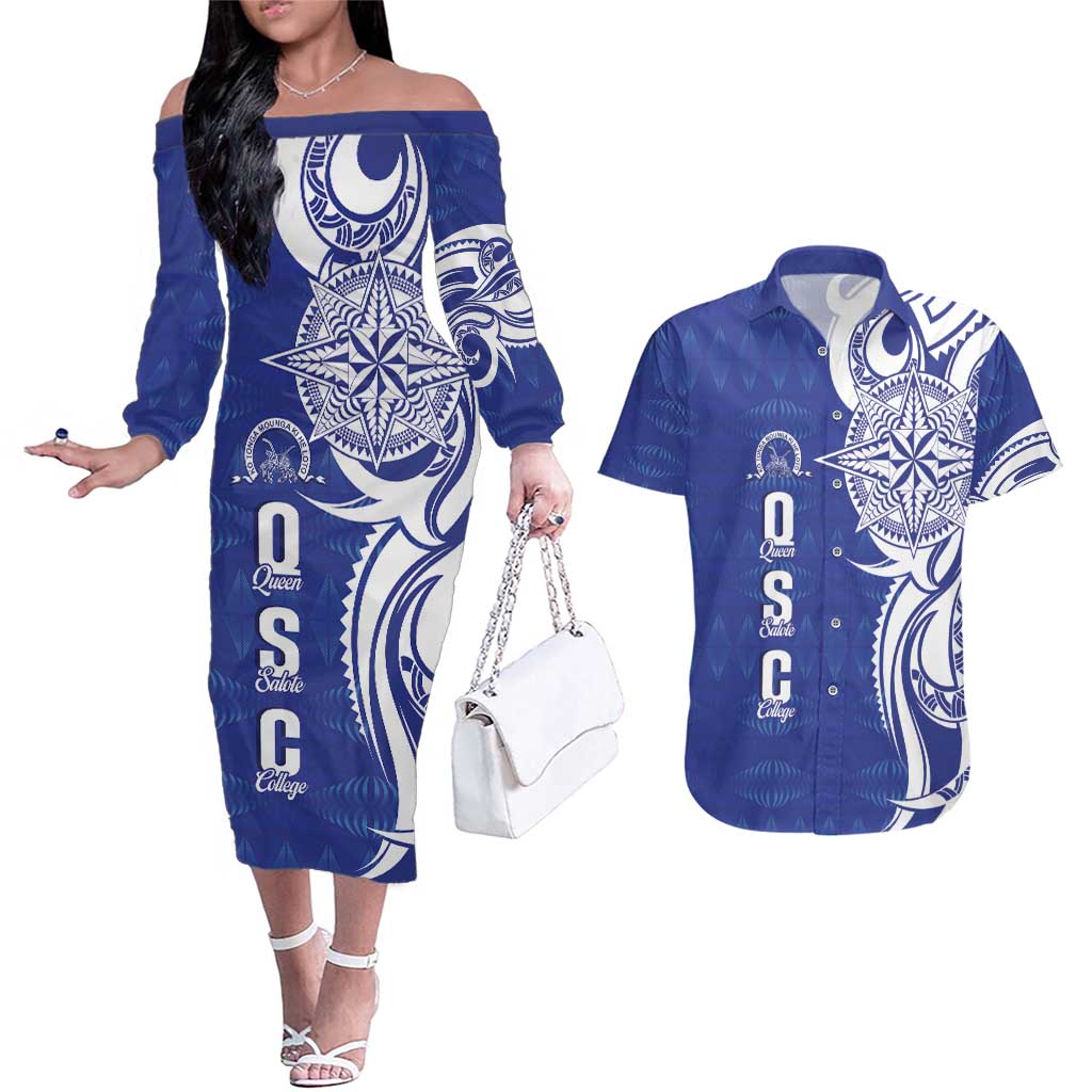 Personalised Queen Salote College Couples Matching Off The Shoulder Long Sleeve Dress and Hawaiian Shirt QSC Est 1926 Ngatu Pattern - Polynesian Pride